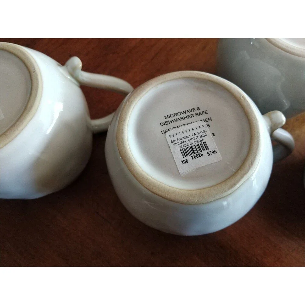 Lot 4x Vintage Pottery Barn Ghost Coffee Tea Mugs Halloween First Edition White
